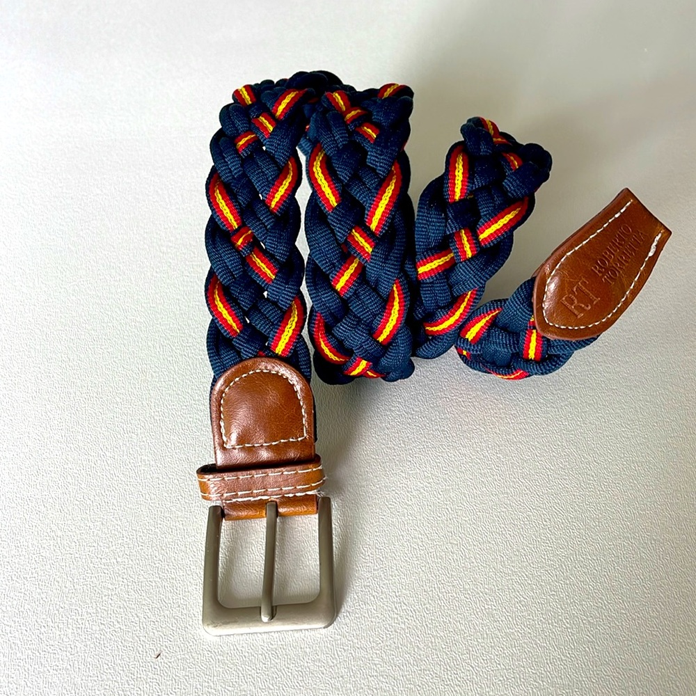RT Roberto Torretta Woven Braided Belt Navy Red Yellow Silvertone Buckle OS